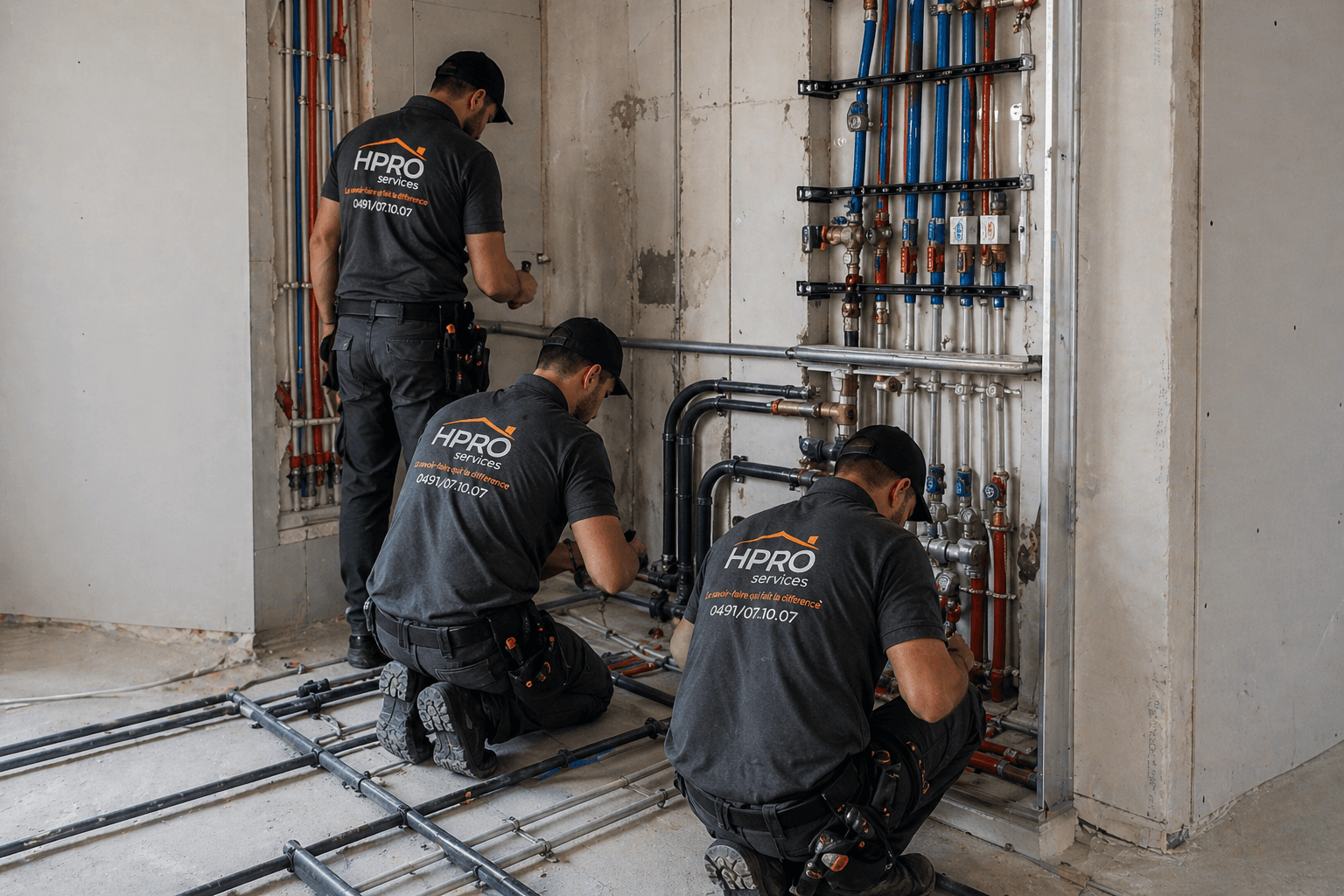 Équipe HPro Services travaillant sur une installation de tuyauterie