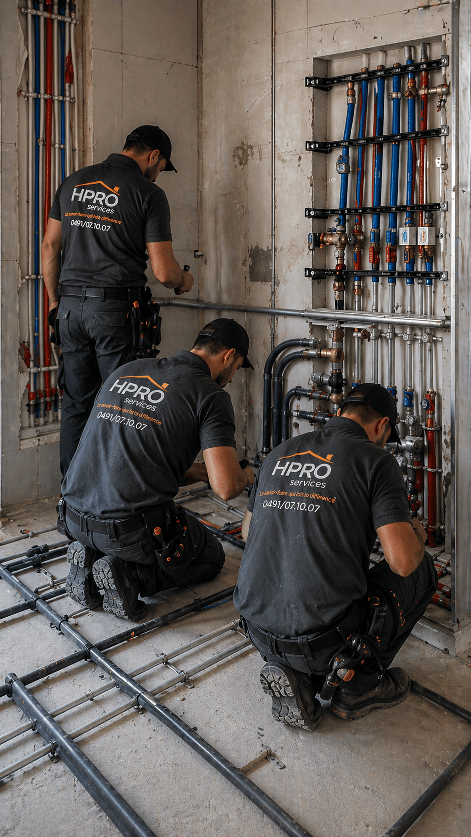 Trois techniciens HPro Services installant un réseau de tuyauterie