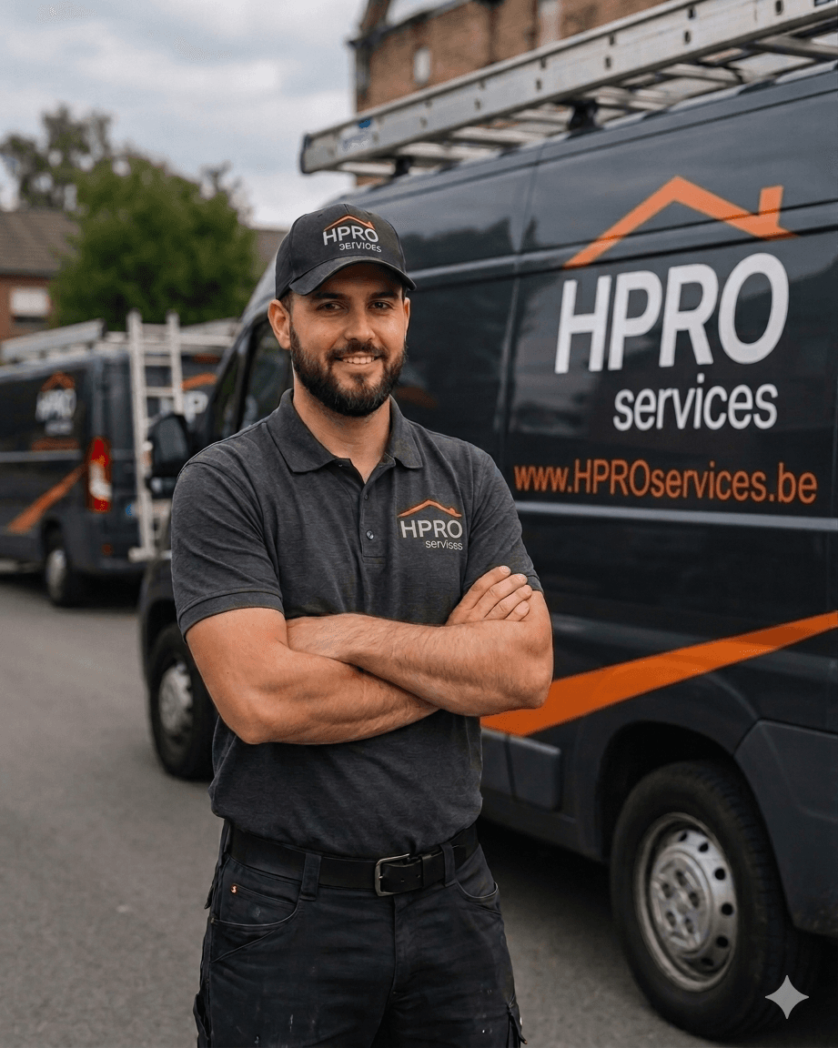 Hamza, fondateur de HPro Services, devant sa camionnette floquée