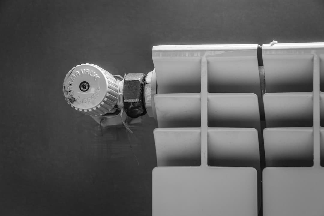 Vanne de chauffage sur un radiateur, en noir et blanc, mettant en avant l'aspect technique du système de chauffage.